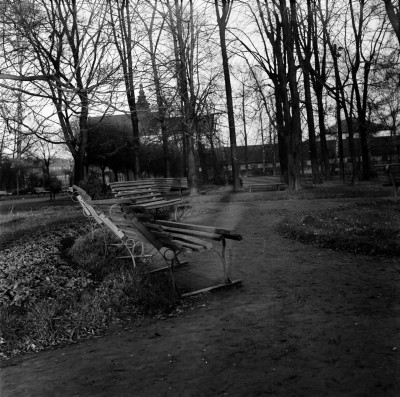 Park im. Ludwika Waryńskiego przy ul. gen. Jarosława Dąbrowskiego w Rzeszowie. W tle kościół Garnizonowy pw. Matki Boskiej Królowej Polski 