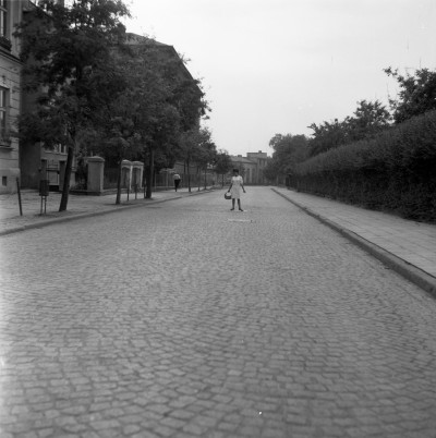 Kobieta na ul. Klementyny Hoffmanowej w Rzeszowie. W tle Rzeszowska Fabryka Sprzętu Gospodarczego im. Augustyna Micała (1957-1967)  / poźniej „ZELMER” Rzeszowskie Zakłady Elektromechaniczne im. Augustyna Micała, następnie Zakłady Zmechanizowanego Sprzętu Gospodarstwa Domowego im. Augustyna Micała „PREDOM-ZELMER” w Rzeszowie