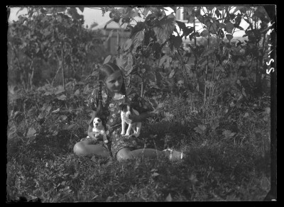 Krystyna Urban ze szczeniakami w ogrodzie willi Fryderyka Janusza przy ul. Jagiellońskiej w Rzeszowie